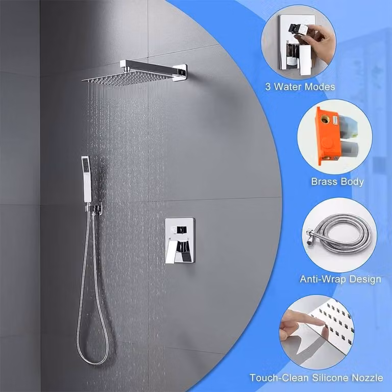 KORVIXA Concealed Thermostatic Shower Set with Rain Overhead Shower and Hand Shower in Silver