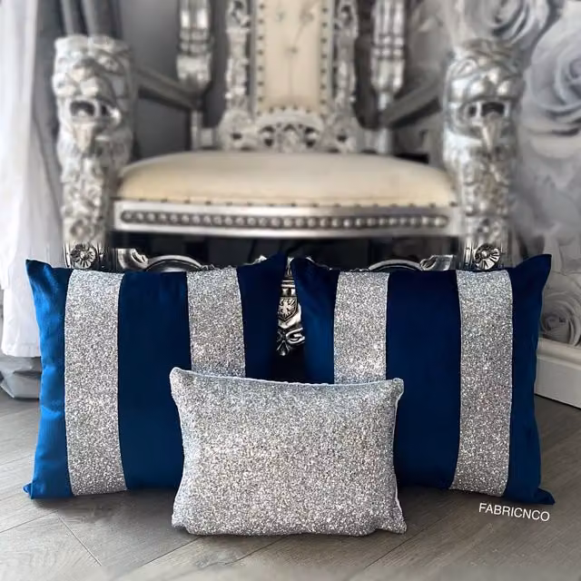 FABRICNCO Blue and Silver Striped Plush Velvet Glitter Cushion Cover Set