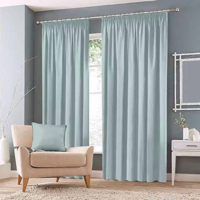 Roseley Blue Plain Blackout Pencil Pleat Curtains, Width: 228.6 cm