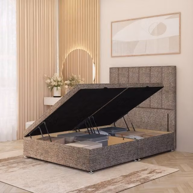 Somnior Beds Ltd Austin Tweed Fabric Ottoman Bed with Solid Wood Frame and Floor Standing Headboard, Brown, W/D/H: 120 x 200 x 123 cm