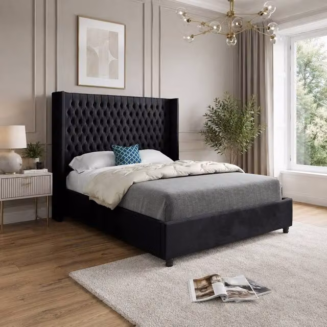 Casani Thwaite Upholstered Velvet Designer Bed Frame in Black, Size: 200 x 200 cm