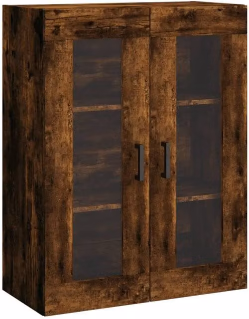 Berkfield Home Wall Mounted Smoked Oak Cabinet with Glass Doors in Brown, W/D/H: 69.5 x 34 x 90 cm