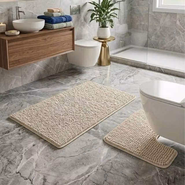Snug City 2-Piece Chenille Loop Bath Mat and WC Pedestal Mat Set, Beige, W: 50 cm x L: 80 cm