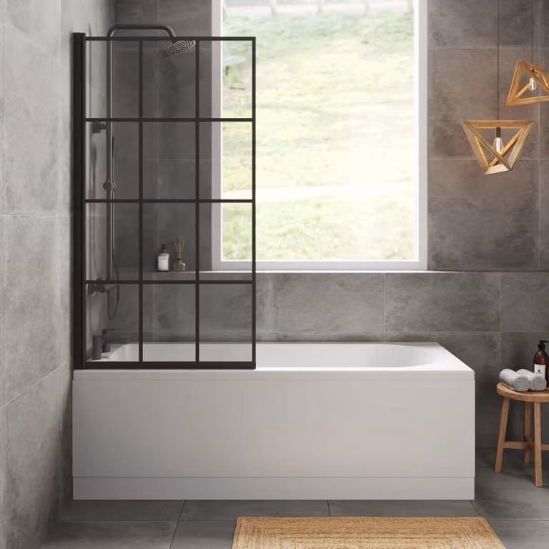 Balterley Round Floor Standing Bath Set in White with Black Square Screen and Chrome Waste, W: 170 cm, D: 70 cm
