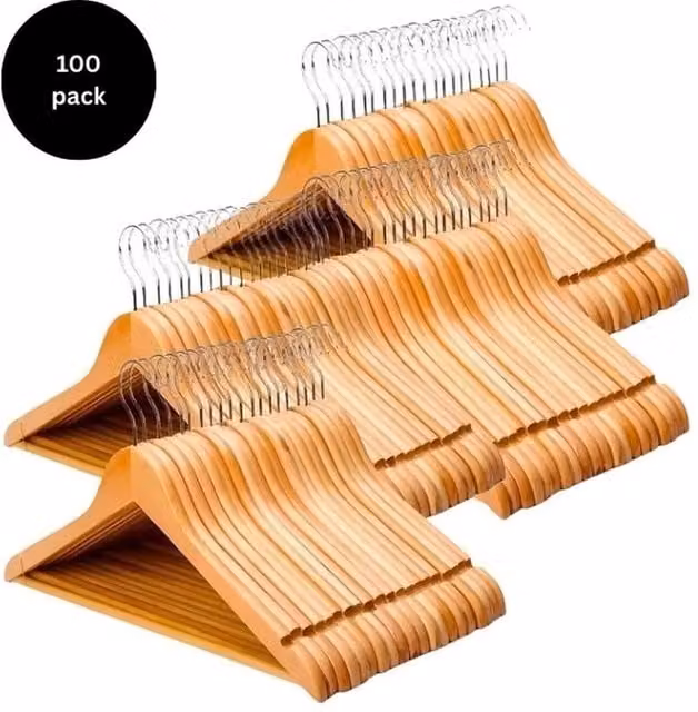 VOGREX Brown Wooden Hangers for Suits, Coats, Jackets and Trousers, Pack of 100