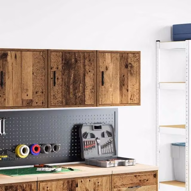 Berkfield Home Set of 2 Wall Mounted Garage Cabinets in Brown Old Wood, W/D/H: 41.0 x 40.0 x 30.0 cm