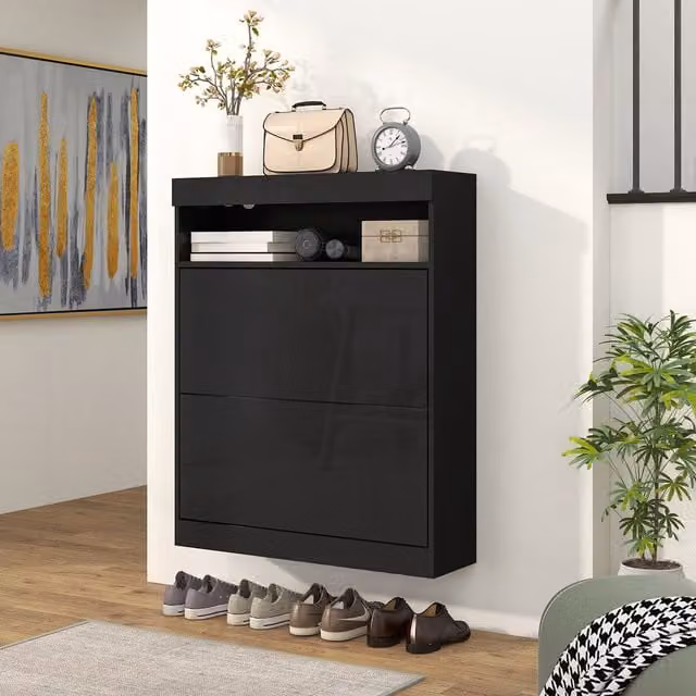 HOMCOM Modern Glossy Black Wall Mounted and Freestanding Shoe Cabinet with Tilting Compartments