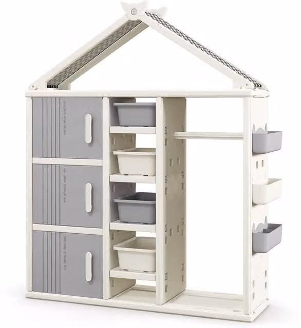 Costway Modern Grey and White Childrens Freestanding Wardrobe Closet with Hanging Rod and Open Shelving