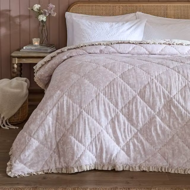 Wylder Amelia Pink Floral 100% Cotton Quilted Bedspread with Ruffled Valance