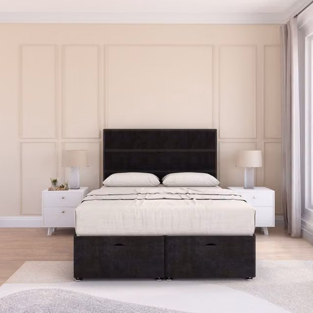 Sloomy Texas Super King Ottoman Bed with Lift Up Base, Black Plush Fabric Upholstered Frame and Sprung Memory Hybrid Mattress