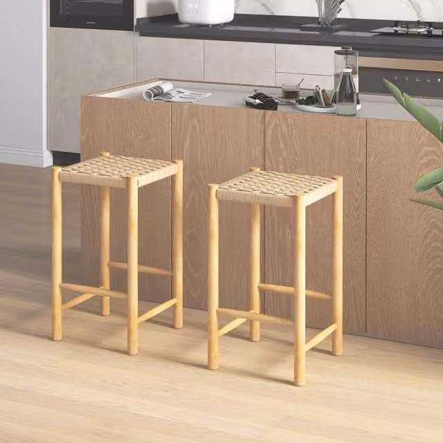 Set of 2 COSTWAY Rustic Backless Dining Stools in Brown with Rubberwood Frame and Fabric Seating
