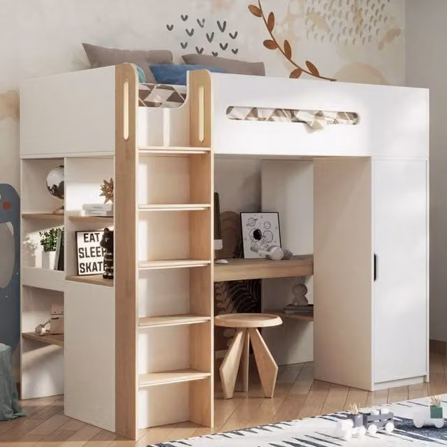Bedzonline Babyfair High Sleeper Loft Bed with Wardrobe and Side Compartments in White, W/D/H: 90 x 190 cm