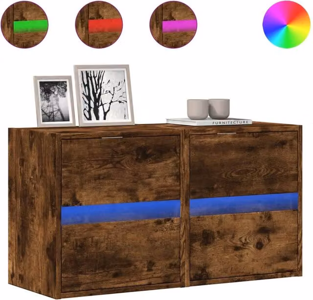 Berkfield Home Set of 2 Modern Wall Mounted TV Cabinets with LED Lighting in Smoked Oak Brown, W/D/H: 41 x 31 x 45 cm