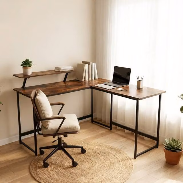 Abrihome Industrial Rustic L-Shaped Corner Computer Desk in Brown