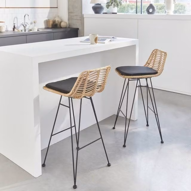 Sweekeet Pair of Black Rattan and Metal Industrial Bar Stools with Removable Fabric Covers, Height: 67 cm