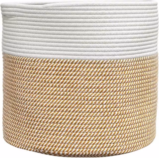 Berkfield Brown and White Cotton Open Weave Storage Basket with Handles W: 40 cm, D: 35 cm, H: 35 cm