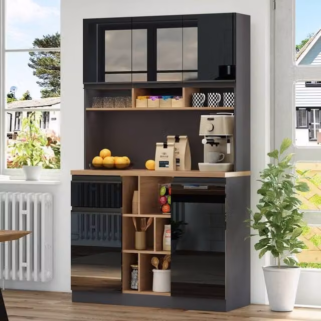 Rolipo Tall Kitchen Cabinet and Buffet Sideboard in Black High-Gloss Finish, Height: 185 cm