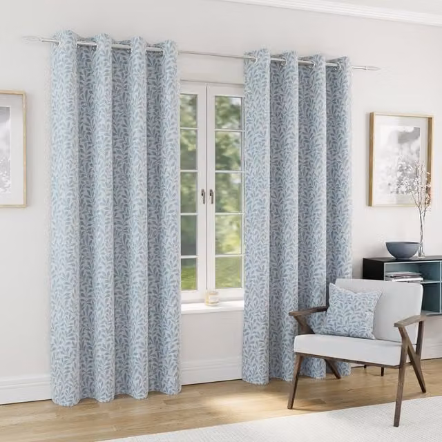 Enhanced Living Blue Blackout Jacquard Leaf Eyelet Curtains, Thermal Insulating, Width: 229 cm, Height: 168 cm