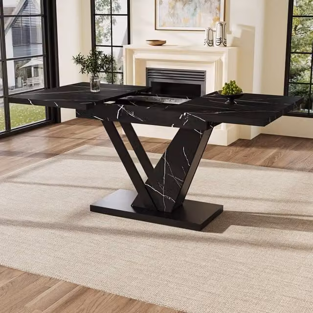 Rolipo Black Marble Effect Extendable Rectangular Dining Table in Black