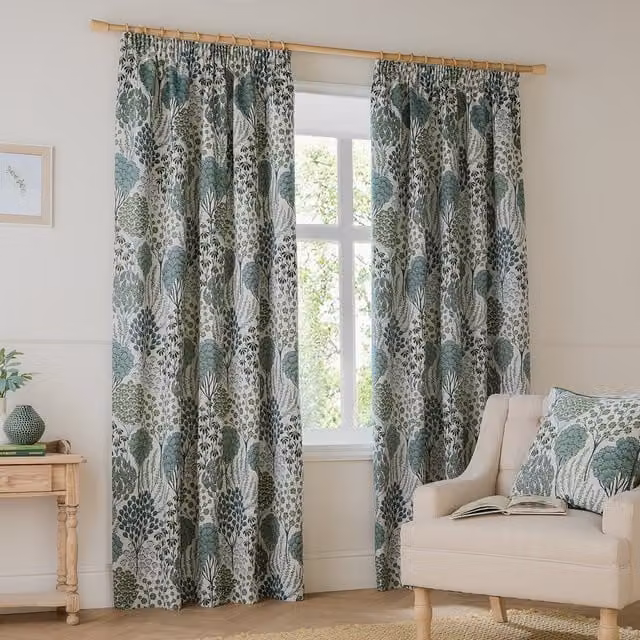 Make It A Home Ophelia Jacquard Floral Pencil Pleat Curtains in Green, Width: 183 cm, Height: 183 cm