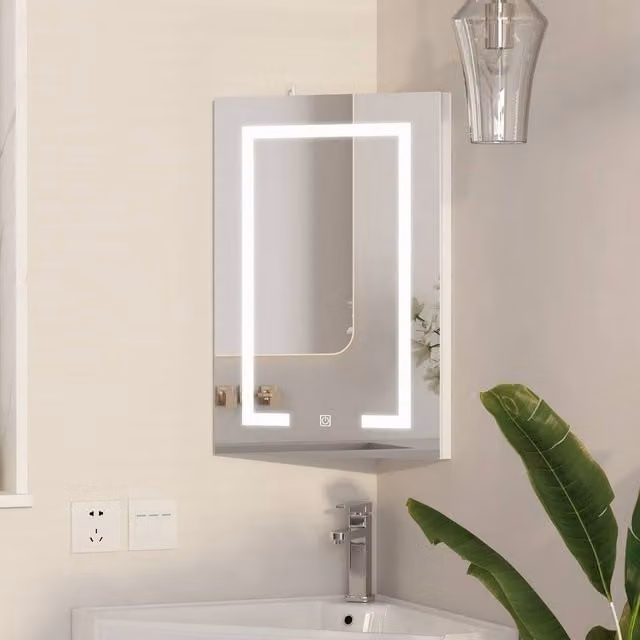 KEEPREAPER LED Corner Bathroom Mirror Cabinet in White, W/H: 40 x 60 cm
