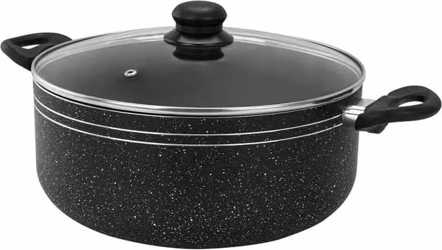 Royalford Non-Stick Casserole Dish with Tempered Glass Lid, Black, Diameter: 32 cm