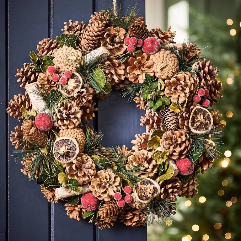 Dibor Citrus Spice Christmas Front Door Wreath with Stag Hanger, Red and Multicolour, Diameter: 38 cm