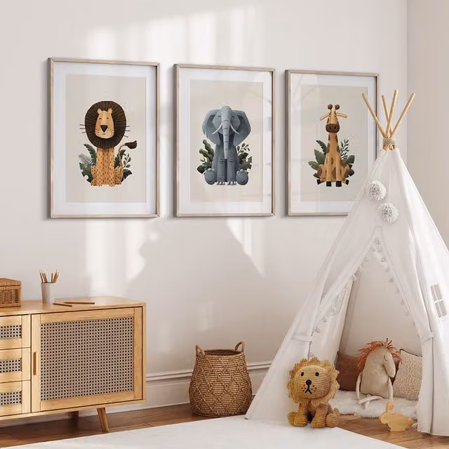 Tigercub Prints Scandi Safari Nursery Animal Illustration Paper Poster Set of 3 A3 Prints