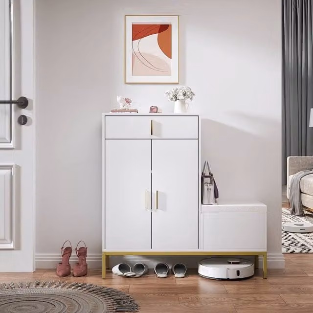 KEEPREAPER Modern L-Shaped Corner Shoe Storage Cabinet with Bench in White