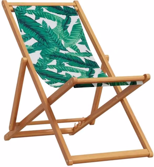 Berkfield Home Folding Beach Chair in Green and Brown with Floral Leaf Pattern, Eucalyptus Wood and Fabric