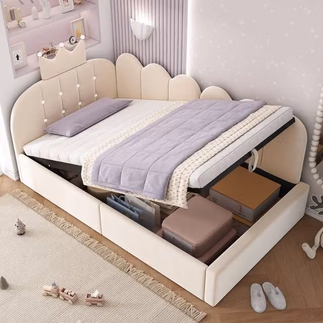 Merax Velvet Upholstered Daybed with Hydraulic Lift-Up Storage, Beige, W/D/H: 90 x 190 cm