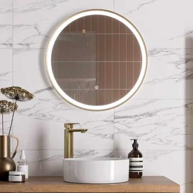 Bathwell Round LED Wall Mirror with Demister and Touch Switch in Gold
