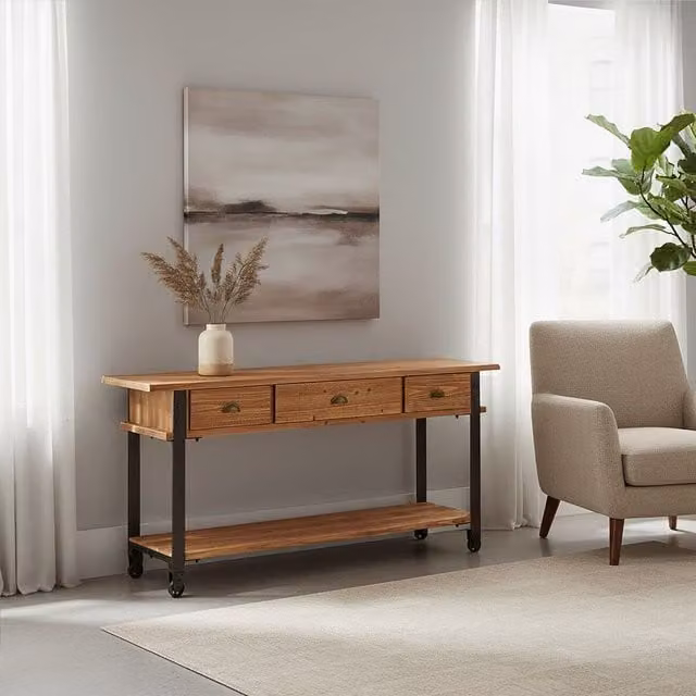 Orsina 3 Drawer Console Table in Natural Brown Wood and Metal, W/D/H: 159 x 39 x 75 cm