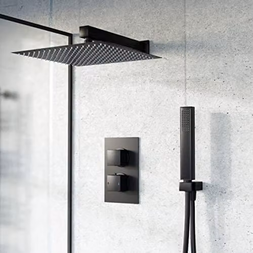 Nes Home Matte Black Thermostatic Mixer Valve Shower Set with Overhead Shower and Handset
