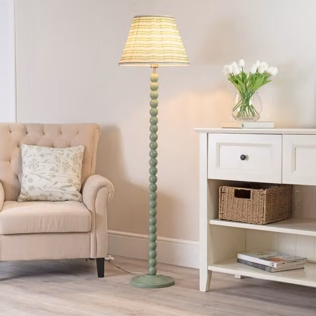Bobbins Sage Floor Lamp with Tapered Pleated Fabric Shade and LED Bulb in Pink and Green
