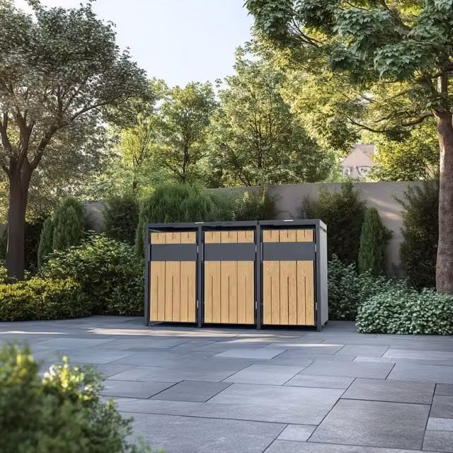 Phoenix Safe Company Outdoor Triple Wheelie Bin Store for 3 x 240L Bins, Oak Effect Metal Storage in Brown, W/D/H: 80 x 116 x 80 cm