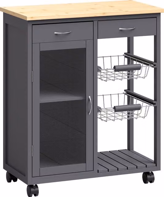 HOMCOM Grey Bamboo Kitchen Island Rolling Trolley with Glass Door, Metal Wire Baskets and Adjustable Shelf
