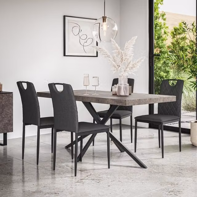 More4Homes Donni Dining Set with Concrete Effect Rectangular Table and 6 Monza Linen Chairs in Charcoal and Grey