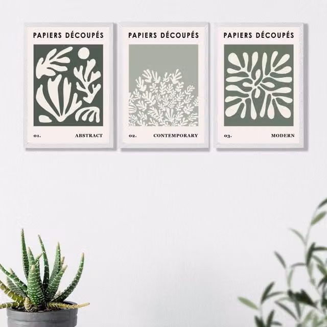 ARTZE Matisse Floral Set of 3 Botanical Wall Art Prints in Green and Sage with White Wood Frame, W53 x H73 x D2 cm