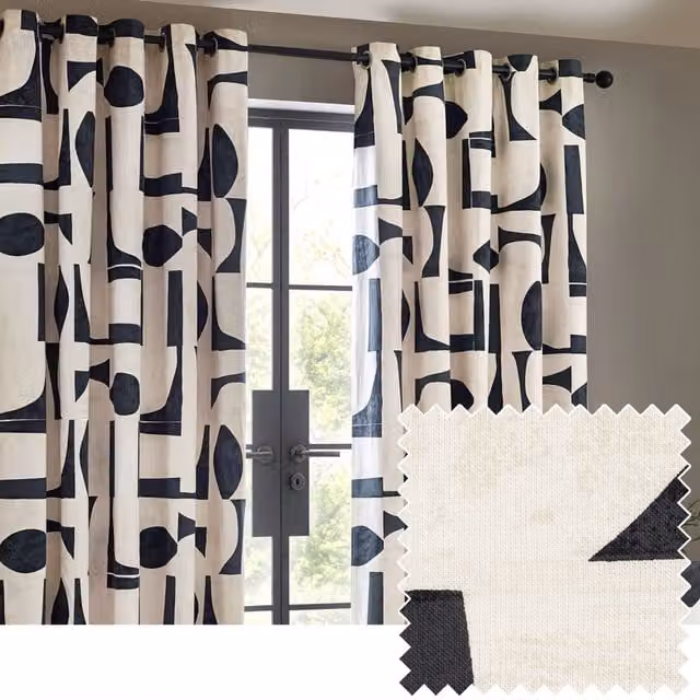 Carro Set of 2 Abstract Cotton Eyelet Curtains in Blue and Black, H: 229 cm, W: 183 cm