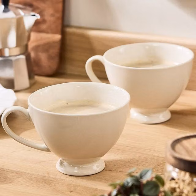 Dibor Montmartre Set of 4 Large White and Beige Ceramic Tea Cups and Coffee Mugs