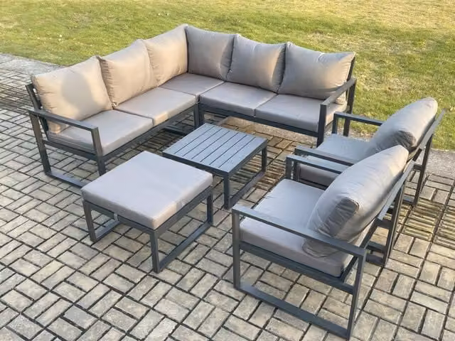 Fimous Modern L-Shape Outdoor Garden Furniture Set in Dark Grey with Powder Coated Aluminium Frame, 2-Seater Sofa, 2 Armchairs, Coffee Table and Ottoman