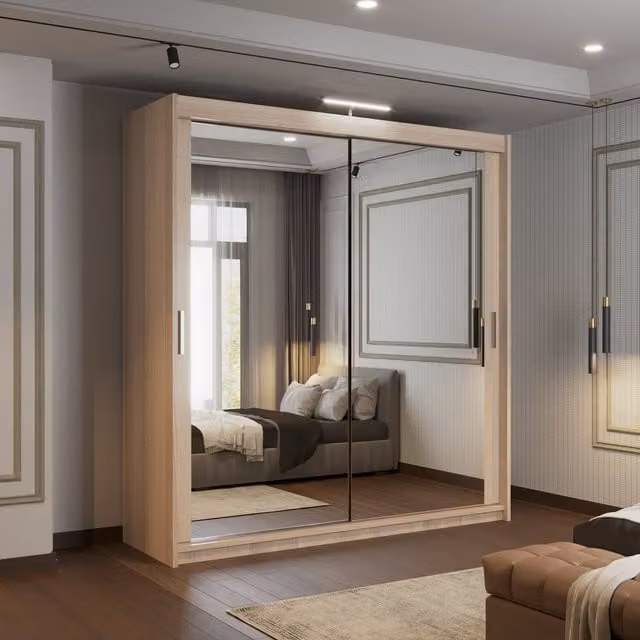 Sliding Door Wardrobe with Mirror, Shelves, Hanging Rod and Integrated LED Lighting by Sliding Wardrobes 4u in White and Brown, W/D/H: 90 x 90 x 203 cm