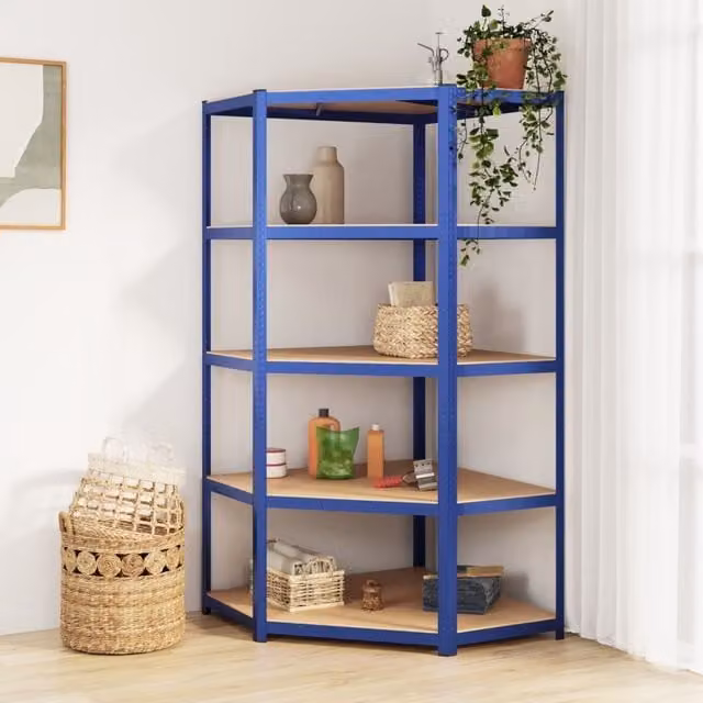 Berkfield Home 5-Layer Freestanding Corner Shelf in Blue Steel and Engineered Wood with Adjustable Shelves