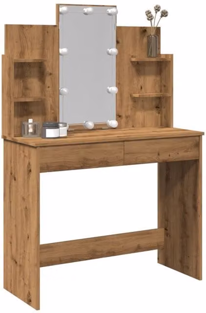 Berkfield Home Dressing Table with Hollywood LED Lights in Artisan Oak Brown, W: 96 cm, D: 40 cm, H: 142 cm