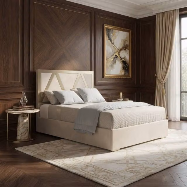 KDMD Exbourne King Size Upholstered Velvet Designer Bed Frame in Beige with Metal Details, 180 x 200 cm