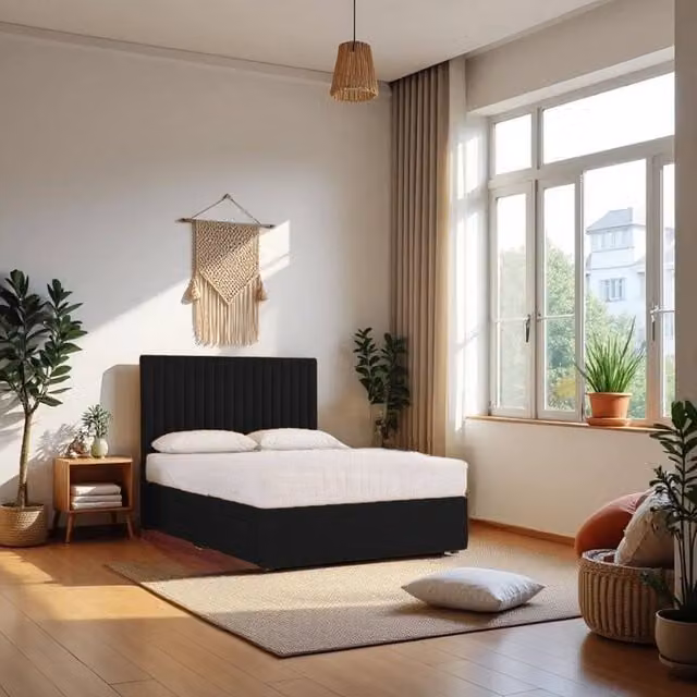 Knight Sleep Emily Plush Velvet Divan Bed Set with Princess Mattress and Headboard in Black, Small Single, W/D: 75 x 190 cm
