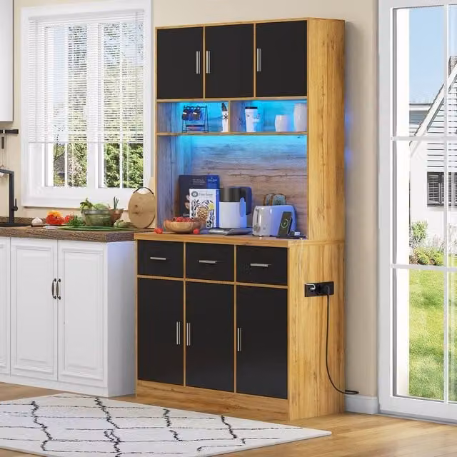 Merax Modern Kitchen Tall Pantry Cabinet in Sand with Integrated Lighting and Shelves, W/D/H: 100 x 40 x 180 cm