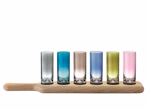 LSA International Paddle Vodka Set with Assorted Colour Mouthblown Glass and Hand Planed Oak Paddle, Length: 40 cm