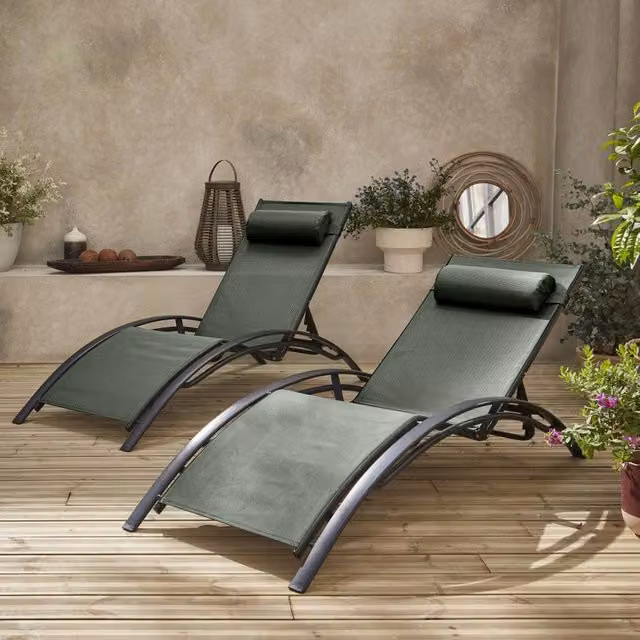 sweeek Set of 2 Grey Aluminium and Textilene Sun Loungers with 4 Reclining Positions